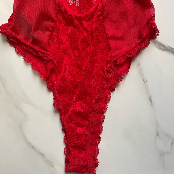 Red Deep Plunge Lace Teddy - Picture 7 of 12